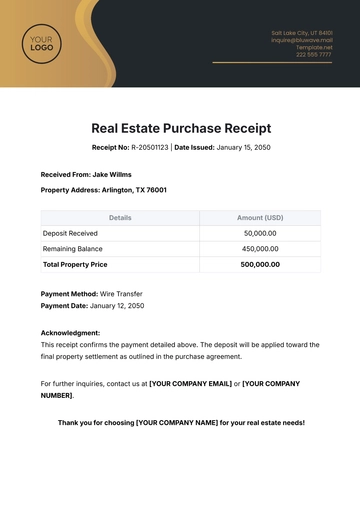 Free Real Estate Purchase Receipt Template to Edit Online