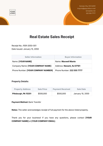 Free Real Estate Sales Receipt Template to Edit Online