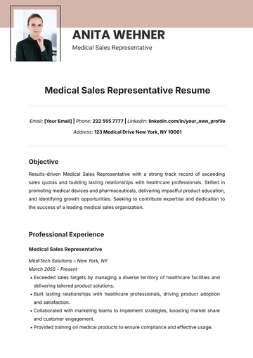 Free Medical Sales Representative Resume Template to Edit Online