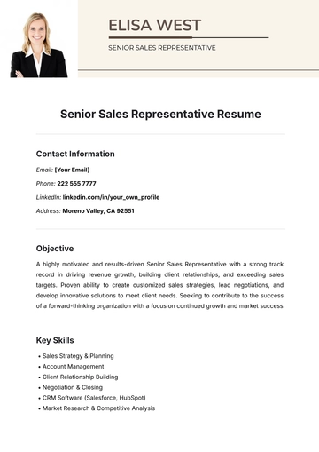 Free Senior Sales Representative Resume Template to Edit Online