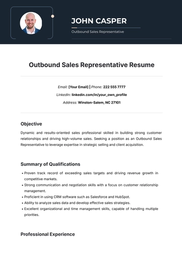 Free Outbound Sales Representative Resume Template to Edit Online