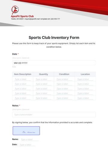 Free Sports Club Inventory Form Template to Edit Online