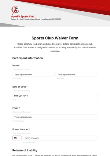 Free Sports Club Waiver Form Template to Edit Online
