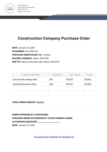Free Construction Company Purchase Order Template to Edit Online