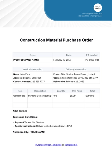 Free Construction Material Purchase Order Template to Edit Online