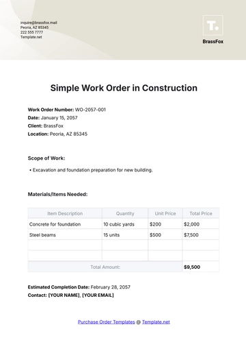 Free Simple Work Order in Construction Template to Edit Online