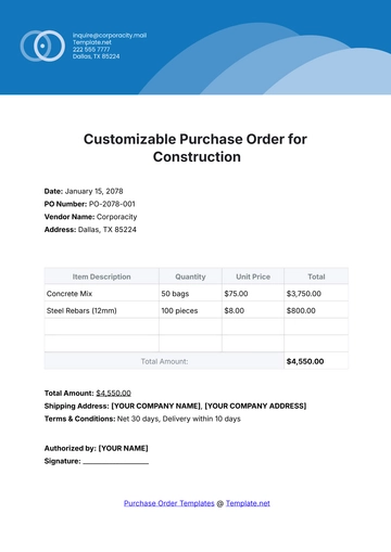 Free Customizable Purchase Order Template for Construction to Edit Online