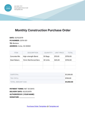Free Monthly Construction Purchase Order Template to Edit Online
