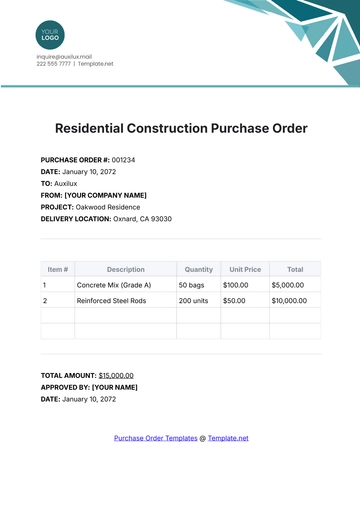 Free Residential Construction Purchase Order Template to Edit Online