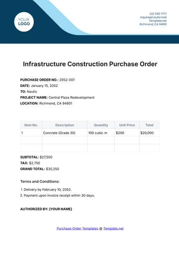 Free Infrastructure Construction Purchase Order Template to Edit Online