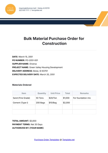 Free Bulk Material Purchase Order for Construction Template to Edit Online