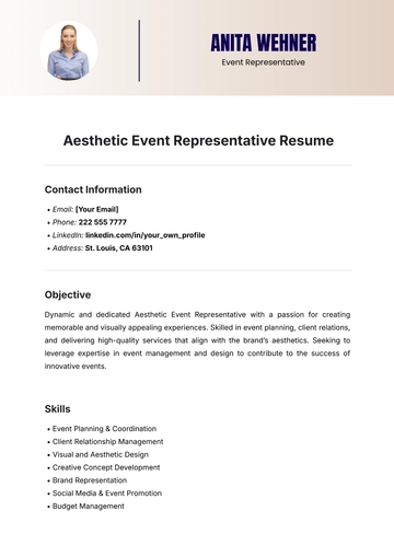 Free Aesthetic Event Representative Resume Template to Edit Online
