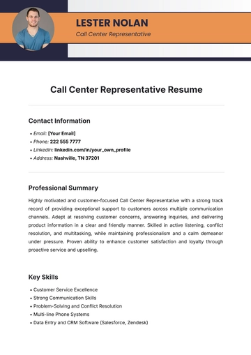 Free Call Center Representative Resume Template to Edit Online