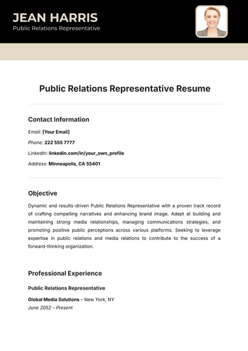 Free Public Relations Representative Resume Template to Edit Online