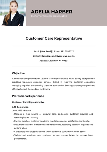 Free Customer Care Representative Resume Template to Edit Online