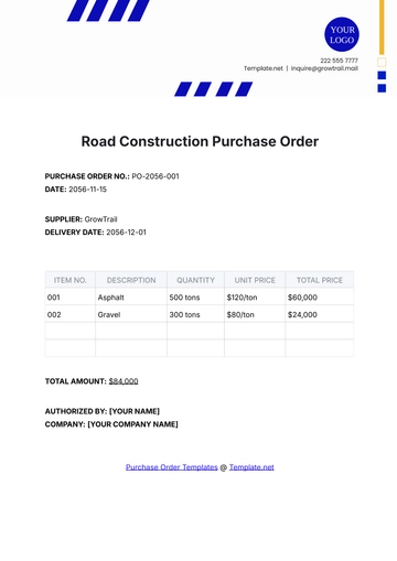 Free Road Construction Purchase Order Template to Edit Online