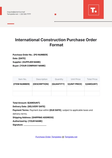 Free International Construction Purchase Order Format Template to Edit Online