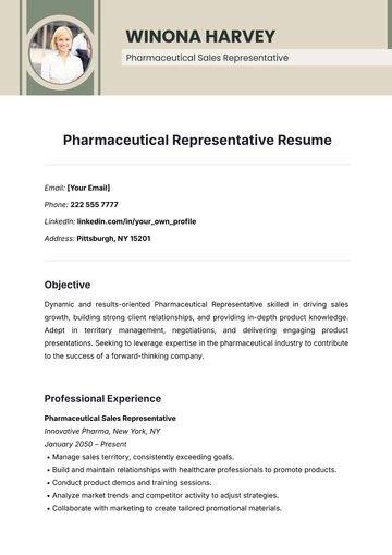 Free Pharmaceutical Representative Resume Template to Edit Online