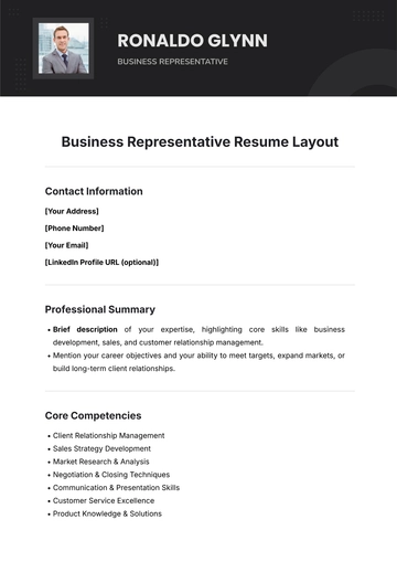 Free Business Representative Resume Layout Template to Edit Online