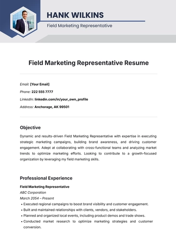 Free Field Marketing Representative Resume Template to Edit Online