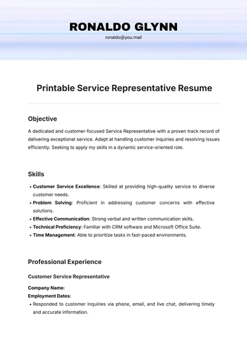 Free Printable Service Representative Resume Template to Edit Online
