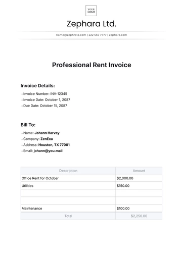 Free Professional Rent Invoice Template to Edit Online