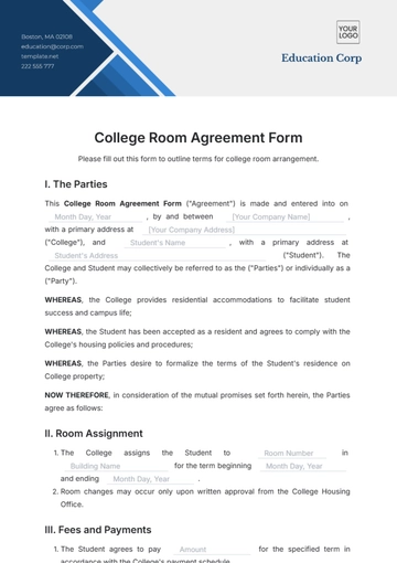 Free College Room Agreement Form Template to Edit Online