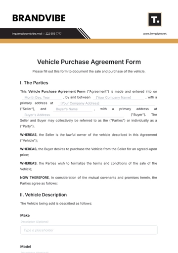 Free Vehicle Purchase Agreement Form Template to Edit Online