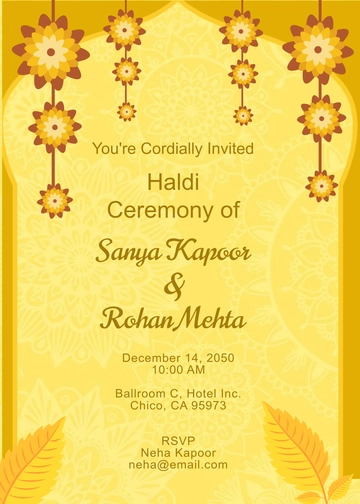 Free Golden Arch Haldi Ceremony Invitation Template to Edit Online
