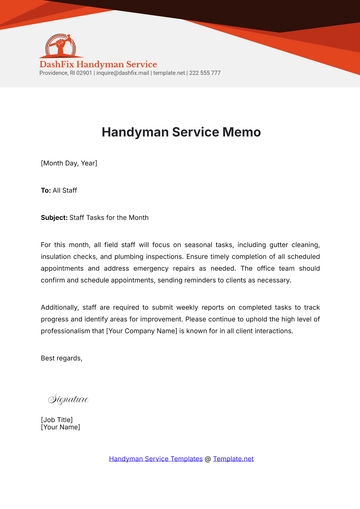 Free Handyman Service Memo Template to Edit Online