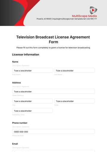 Free Television Broadcast License Agreement Form Template to Edit Online