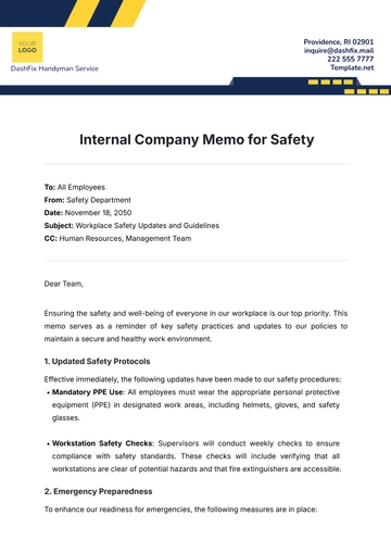 Free Internal Company Memo for Safety Template to Edit Online