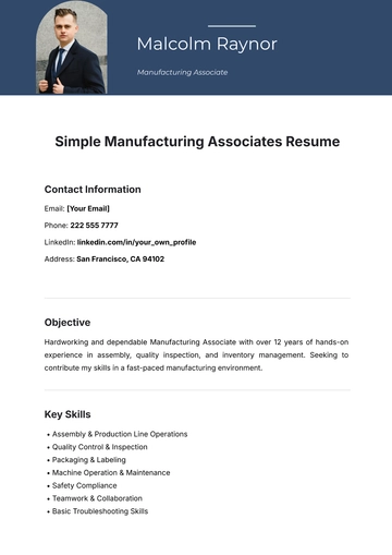 Free Simple Manufacturing Associates Resume Template to Edit Online