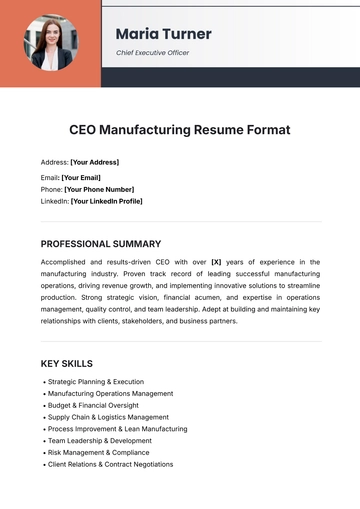 Free CEO Manufacturing Resume Format Template to Edit Online