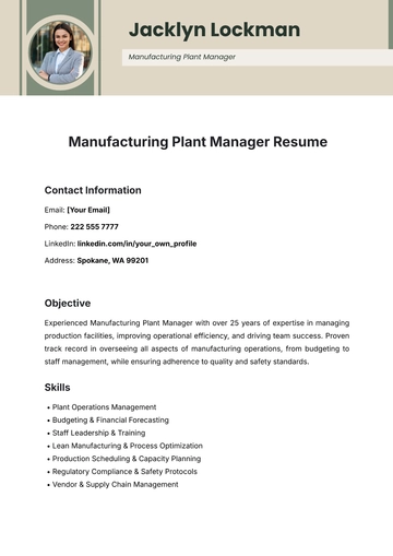 Free Manufacturing Plant Manager Resume Template to Edit Online