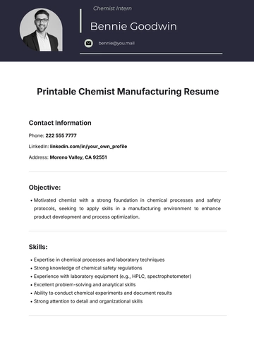 Free Printable Chemist Manufacturing Resume Template to Edit Online