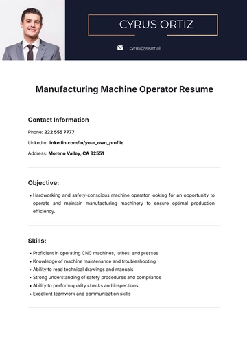 Free Manufacturing Machine Operator Resume Template to Edit Online