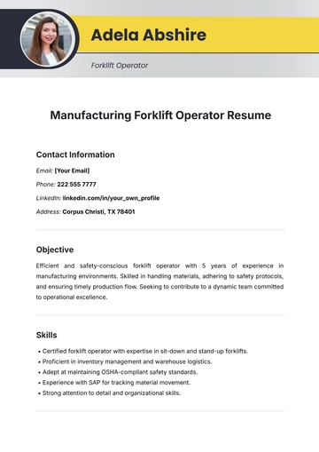 Free Manufacturing Forklift Operator Resume Template to Edit Online