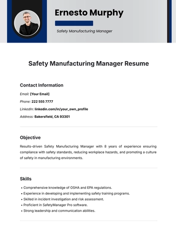 Free Safety Manufacturing Manager Resume Template to Edit Online