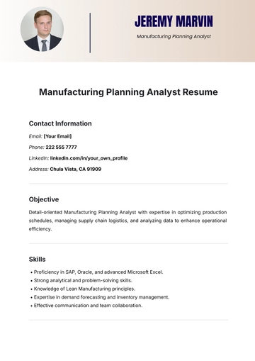 Free Manufacturing Planning Analyst Resume Template to Edit Online