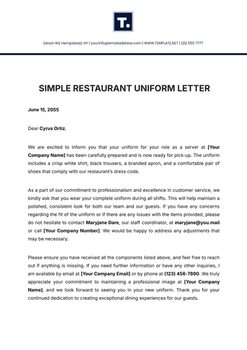 Free Simple Restaurant Uniform Letter Template to Edit Online