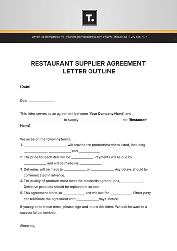 Free Restaurant Supplier Agreement Letter Outline Template to Edit Online