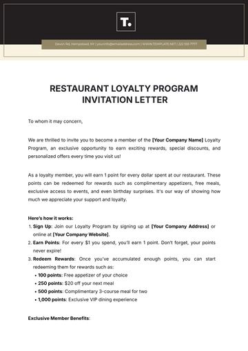 Free Restaurant Loyalty Program Invitation Letter Template to Edit Online