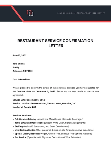 Free Restaurant Service Confirmation Letter Template to Edit Online