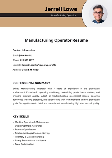 Free Manufacturing Operator Resume Template to Edit Online