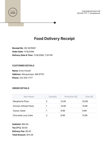 Free Food Delivery Receipt Template to Edit Online