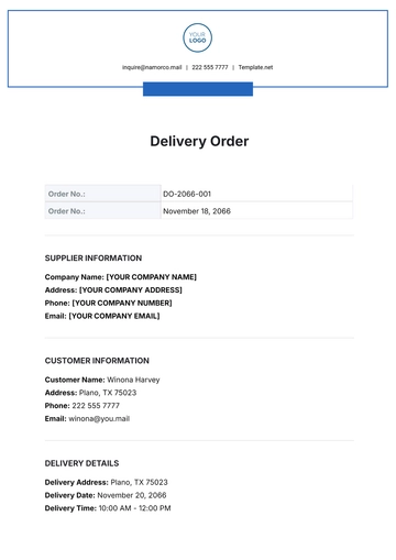 Free Delivery Order Template to Edit Online