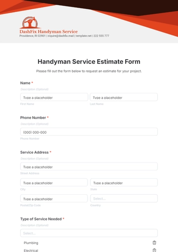 Free Handyman Service Estimate Form Template to Edit Online