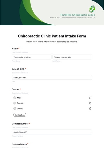 Free Chiropractic Clinic Patient Intake Form Template to Edit Online