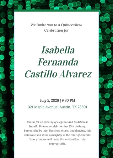 Free Emerald Green Quinceañera Invitation Template to Edit Online
